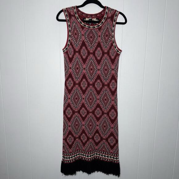 Lord & Taylor Design Lab Women’s Aztec Sweater Midi Dress Fringe Hem Red Black L - Picture 1 of 6